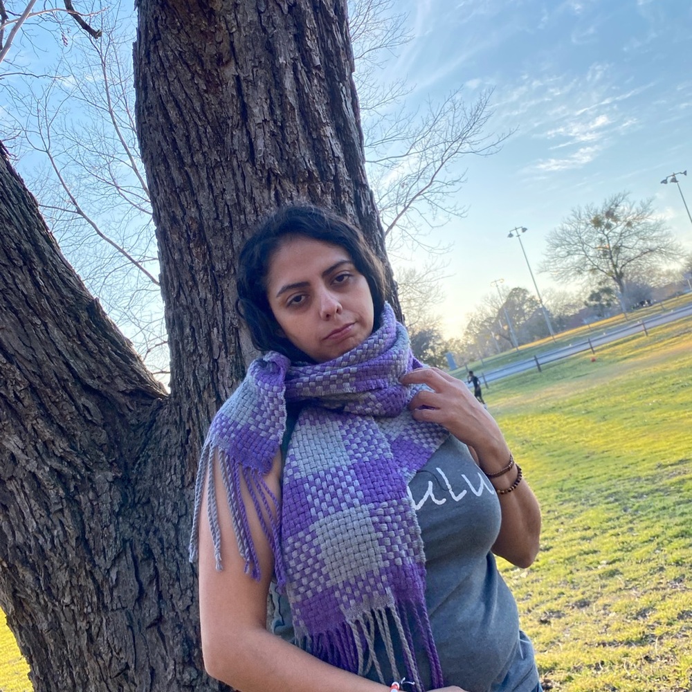 Banana Republic Women's Scarf Wrap Purple Grey Plaid Fringe Wool Blend